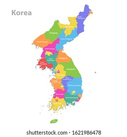 Korea map, north and south administrative division with region names, color map isolated on white background vector