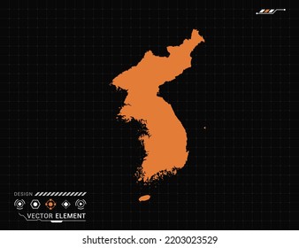 Korea map of orange digital frame HUD, GUI, UI interface technology radar vector.