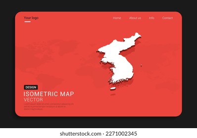 Korea map red isolated on dark background with 3d world map isometric vector illustration.