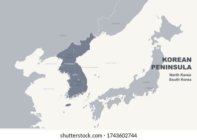 korea map. south and north korea. korean peninsula vector map.