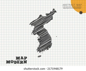 Mapa coreano de la silueta negra vectorial chaótica dibujo de garrapatas dibujados a mano en papel de cuadrícula usado para notas o decoración.