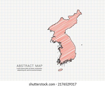 Korea map of vector color silhouette chaotic hand drawn scribble sketch on grid paper.