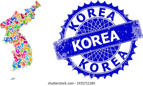 Korea map vector image. Spot collage map and unclean mark for Korea. Sharp rosette blue stamp with text for Korea map. Collage vector Korea map designed with random multi-colored splashes.