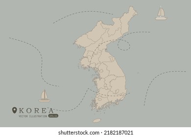 Mapa de Corea - Mapa mundial Mapa internacional de la plantilla vectorial Alto detallado con color marrón aislado en el fondo gris incluyendo el punto de ubicación simple, viento, icono del barco - Ilustración vectorial eps 10