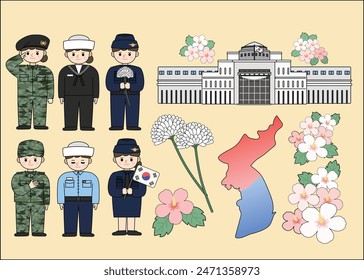 Korea Memorial Day Military Unitform Characters Background Elements Set Vector Illustration