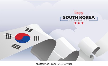 Korea National Day greeting banner with waving national flag on white cloud vector illustration