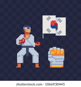 Korea national flag, fighter of oriental martial arts karate master pixel art character isolated vector illustration, fist with bandage athletic hand design for sticker, logo sports club, app. 8-bit.