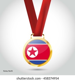 Korea North Flag in gold Medal. Vector Illustration. RIO Olympic Game Bronze Medal. Vector Illustration