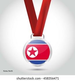 Korea North Flag in silver Medal. Vector Illustration. RIO Olympic Game silver Medal. Vector Illustration