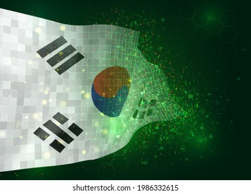 Korea, on vector 3d flag on green background with polygons and data numbers