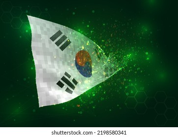 Korea, On Vector 3d Flag On Green Background With Polygons And Data Numbers