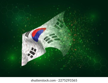 Korea, on vector 3d flag on green background with polygons and data numbers