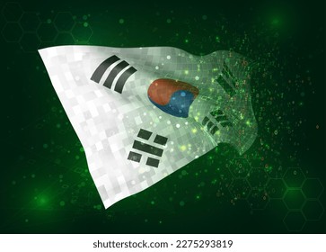 Korea, on vector 3d flag on green background with polygons and data numbers