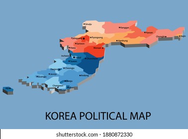 El mapa político isométrico de Corea divide por el estilo de simplicidad del contorno colorido del estado. Ilustración vectorial.