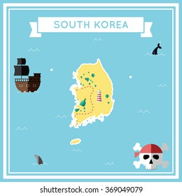 Korea, Republic of flat treasure map.. Colorful cartoon treasure map of Korea, Republic of with flat icons of pirate ship, jolly roger, treasure chest and banner ribbon.