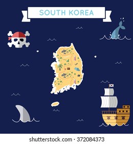 Korea, Republic of treasure map in flat design.. Colorful cartoon treasure map of Korea, Republic of with flat design icons of pirate ship and jolly roger.
