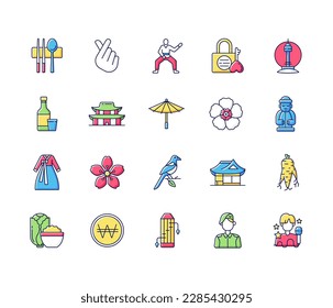 Korea RGB color icons set. N Seoul tower. Gayageum instrument, Gyeongbok palace. Sujeo utensils. Kimchi dish. K pop, finger hearts. Asian culture. Eastern traditions. Isolated vector illustrations