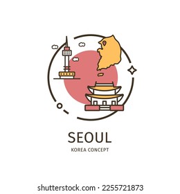 Korea Seoul Travel and Tourism Thin Line Icon Concept Include of Namsan Tower and Gyeongbokgung. Vector illustration