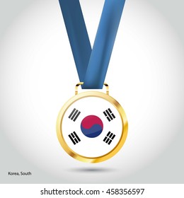 Korea South  Flag in gold Medal. Vector Illustration. RIO Olympic Game gold Medal. Vector Illustration