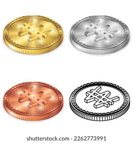 Korea South, North Won (KRW) 2.5D Isometric Projection View Currency Sign Symbol Vector Design Gold, Silver, Copper (Bronze) and Silhouette Coin Isolated on White Background