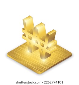 Korea South, North Won (KRW) 2.5D Isometric Projection Left View Currency Sign Symbol Vector Design Gold Icon Isolated on White Background