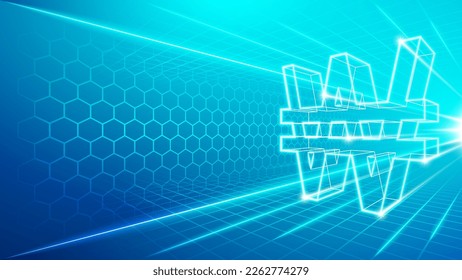 Corea Sur, Norte Ganó (KRW) Perspectiva Futurista Ver Símbolo de signo de moneda nacional Transacción rápida Velocidad de cambio Holograma Diseño Fondo Ilustración