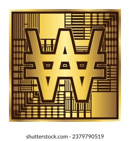 Korea South, North Won (KRW) - National Currency Sign-Symbol, Digital Circuit Board Golden Chip Computing Global Finance International Exchange Icon Logo Design Isolate On White Background