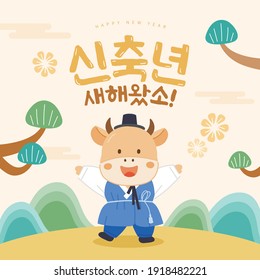 Korea tradition Vector illustration. Translation of Korean Text: Seollal, Korean New Year's Day, Hangul calligraphy