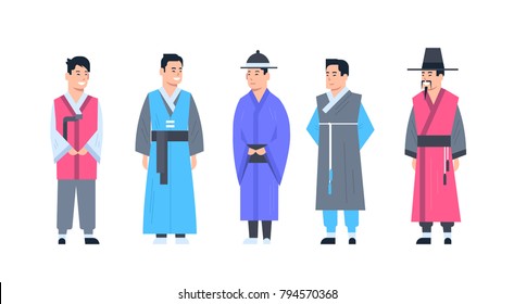 Korea Traditional Clothes Set Of Men Wearing Ancient Costume Isolated Asian Dress Concept Flat Vector Illustration