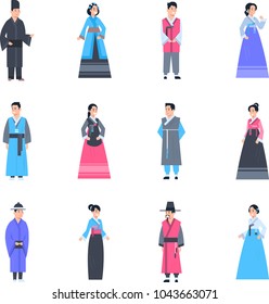 Korea Traditional Clothes Set Of Women And Men Wearing Ancient Costume Isolated Asian Dress Collection Flat Vector Illustration