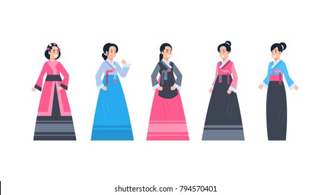 Korea Traditional Clothes Set Of Women Wearing Ancient Korean Dress Isolated Asian Costume Concept Flat Vector Illustration