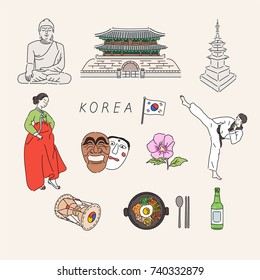 Korea traditional culture object   people hand drawn illustrations  vector doodle design 