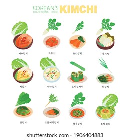 Korea traditional food. Korean translation: cabbage kimchi, radish kimchi, cucumber kimchi, and pouch kimchi.