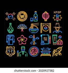 Korea Traditional neon light sign vector. Glowing bright icon  Korea Flag And Wearing, Food And Drink, Palace Building And Gong, Fan And Lantern Illustrations