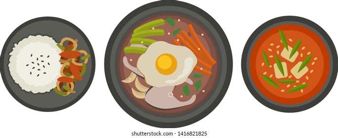 Korea traditional soup plate in bowl isolated on white background breakfast healthy food hot delicious and vegetarian groats garnish bread cuisine vector illustration