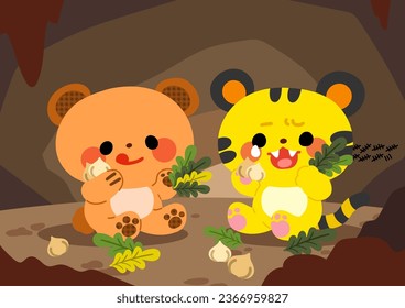 Korea traditional stories : Dangun Story Children Kids bear and tiger eat garlic and mugwort in cave