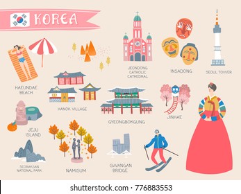Korea travel collection, lovely flat style korea attractions and specialties on light pink background Korea travel collection, lovely flat style korea attractions and specialties on light pink background