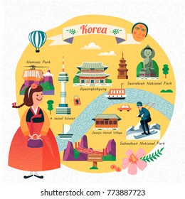 Korea travel illustration, lovely girl wearing hanbok and seeing famous landmarks in Korea, flat design Korea travel illustration, lovely girl wearing hanbok and seeing famous landmarks in Korea, flat design