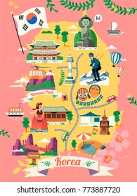 Korea Travel Map, Lovely Korea Famous Landmark And Culture Symbol On Map In Flat Design, Pink Background