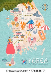 Korea travel map, lovely flat style korea attractions and specialties for traveler Korea travel map, lovely flat style korea attractions and specialties for traveler