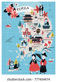 Korea travel map, lovely flat style korea attractions and specialties for traveler Korea travel map, lovely flat style korea attractions and specialties for traveler