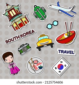 Korea Travel Sticker Icon Set Label And National Food Distinctive Emblem.vector Illustration