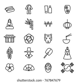 Korea Travel and Tourism Black Thin Line Icon Set Include of Bibimbap, Buddha, Hanbok and Gyeongbokgung. Vector illustration