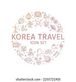 Korea Travel and Tourism Round Design Template Thin Line Icon Concept for Promotion, Marketing and Advertising. Vector illustration