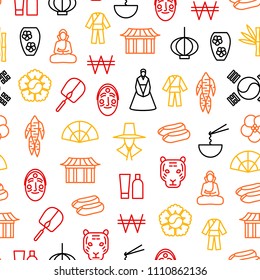 Korea Travel and Tourism Seamless Pattern Background on a White Include of Bibimbap, Buddha, Hanbok and Gyeongbokgung. Vector illustration