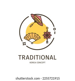 Korea Travel and Tourism Thin Line Icon Traditional Concept Include of Hand Fan, Umbrella and Amulet. Vector illustration