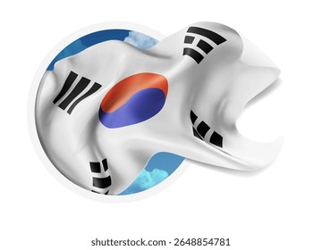 Coreia, vetor 3d bandeira contra um céu azul, através de um buraco redondo em um fundo branco