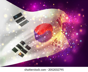Korea, vector 3d flag on pink purple background with lighting and flares