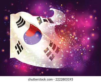 Korea, vector 3d flag on pink purple background with lighting and flares