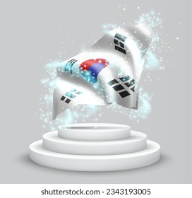 Korea, vector 3d flag on the podium surrounded by a whirlwind of magical radiance